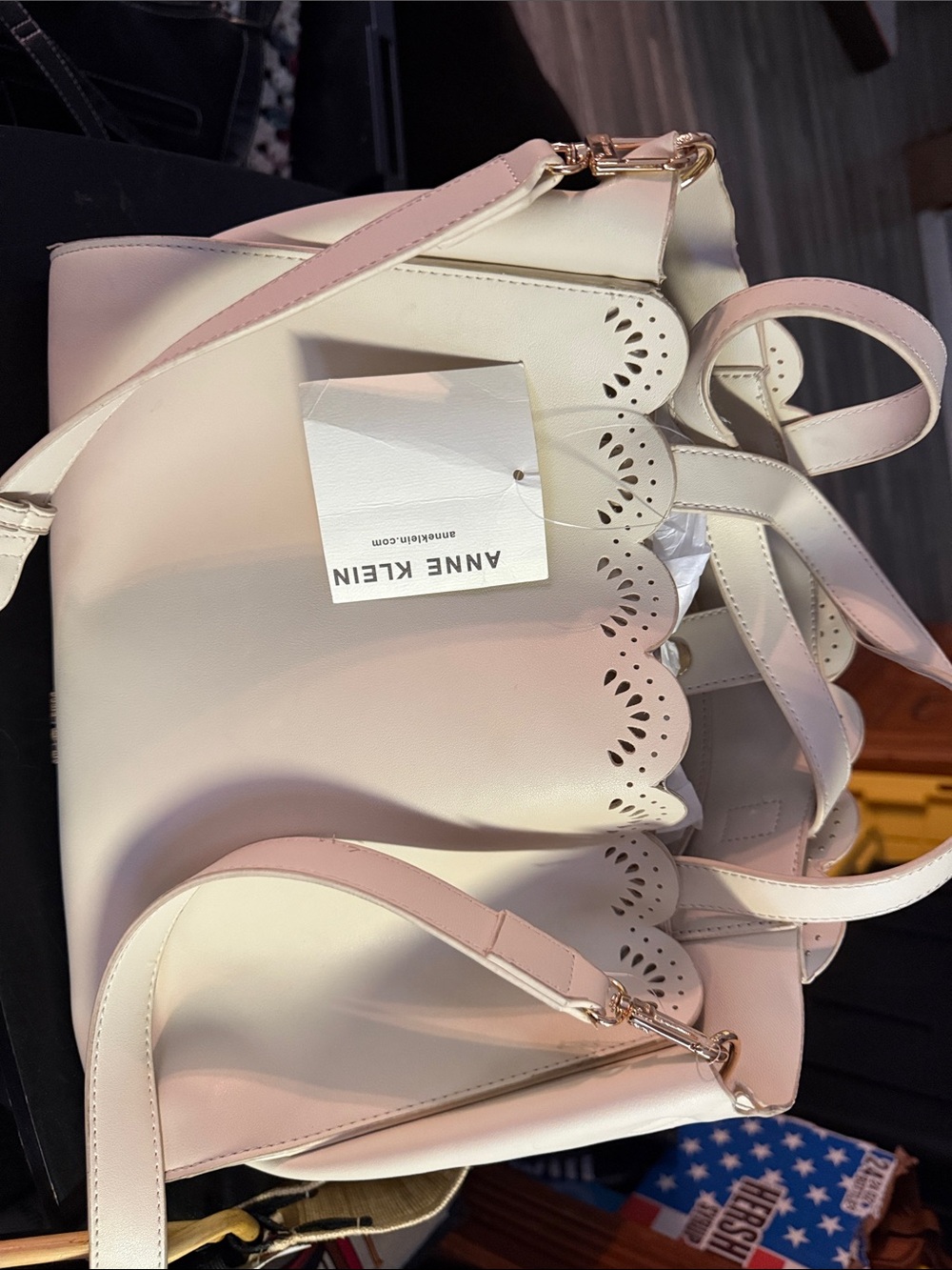 Anne Klein Cream Scallop-Edge Tote with Gold Hardware